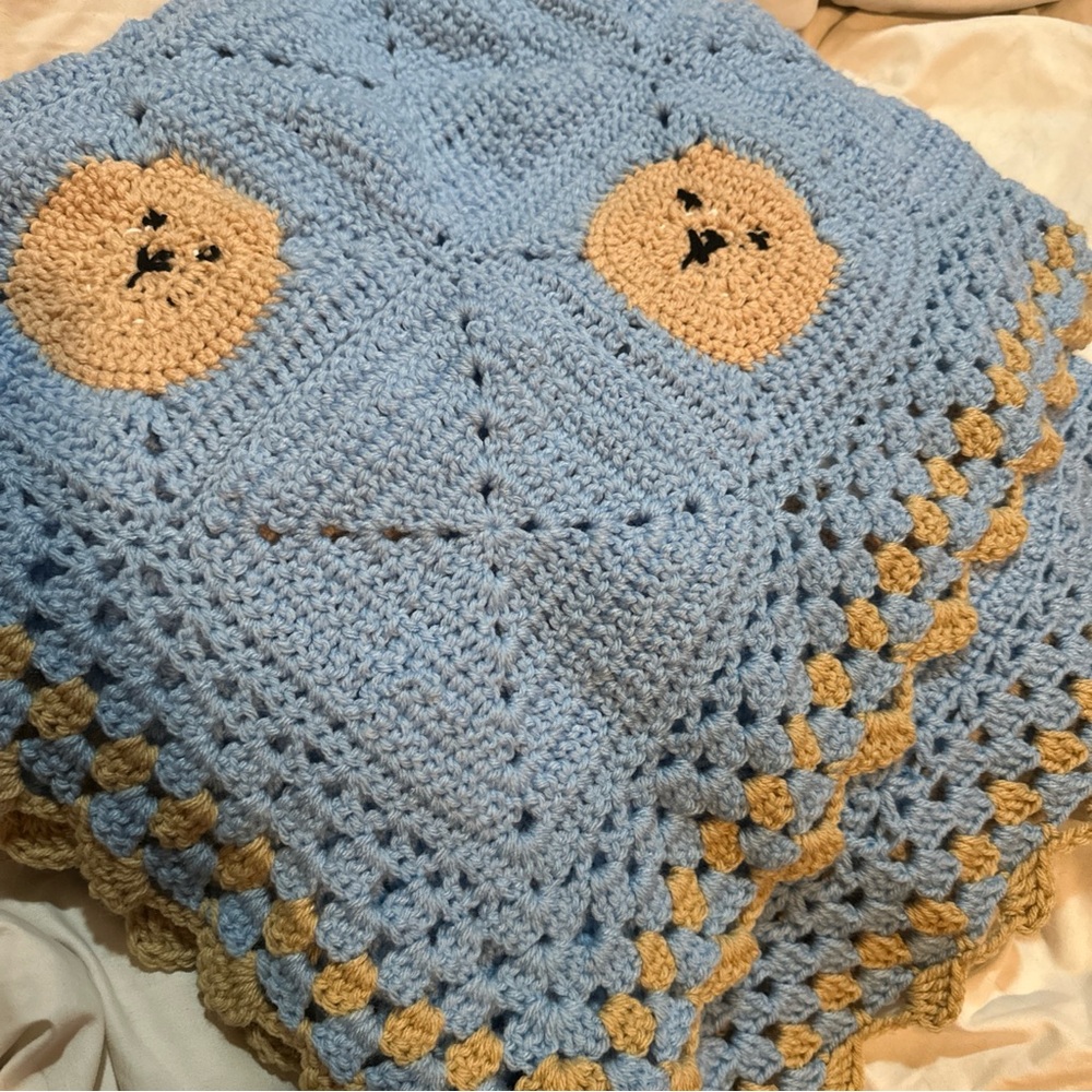 Hand crocheted baby/child blanket blues blanket with teddy bears